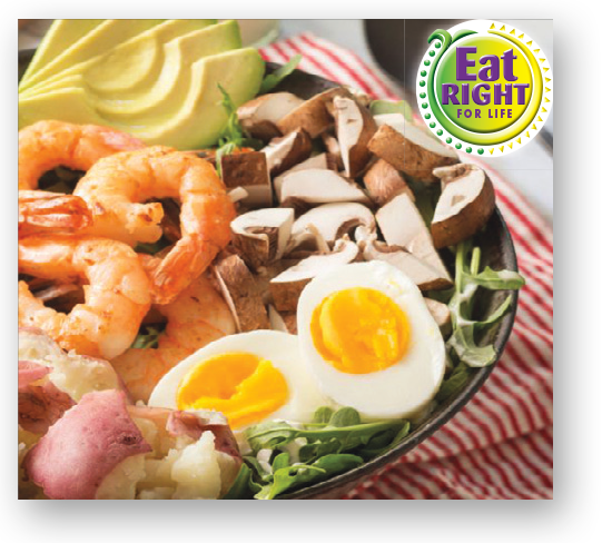 Shrimp Cobb Salad with Smashed Potatoes and Mushrooms